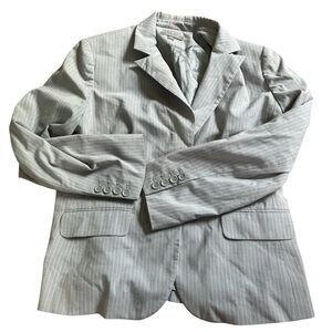 Ann Taylor Pinstriped Gray Blazer with Notched Lapels and Structured Shoulders
